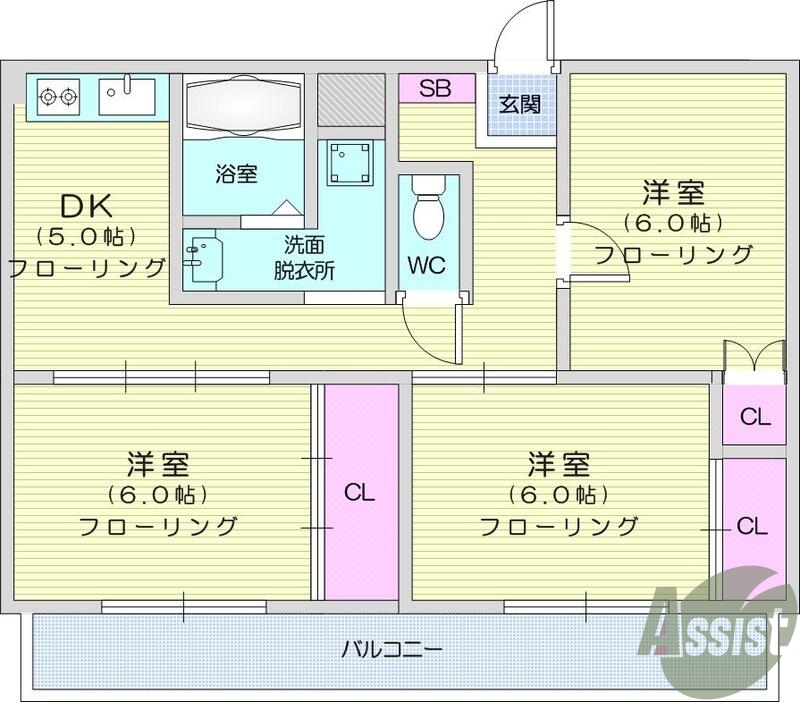 3DK、南向き、バス・トイレ別、エアコン、バルコニー