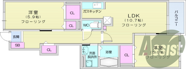 2LDK、エアコン、バストイレ別、独立洗面台