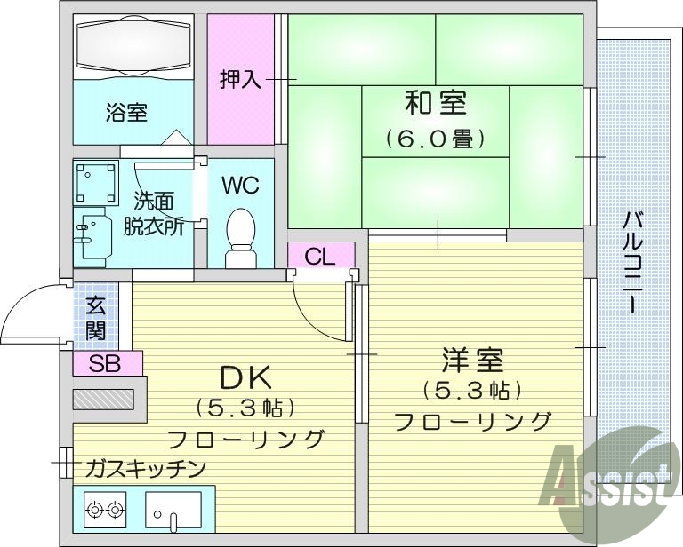 2DK、エアコン、トランクルーム、バストイレ別、バルコニー