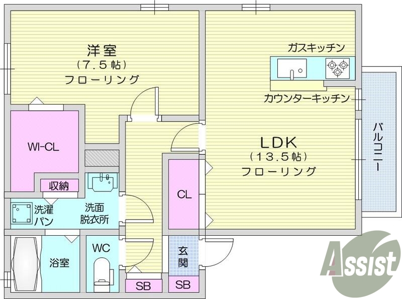 １ＬＤＫ、ウォークインクローゼット、カウンターキッチン、ＡＣ
