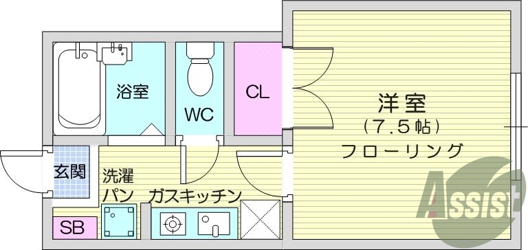1K、エアコン、室内洗濯機置場、トイレ浴室別、クローゼット