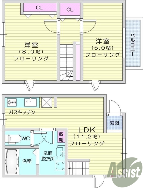2ldk、バルコニー、モニター付きインターホン