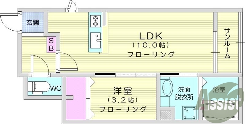 1LDK、追炊、物置、独立洗面台、都市ガス、システムキッチン