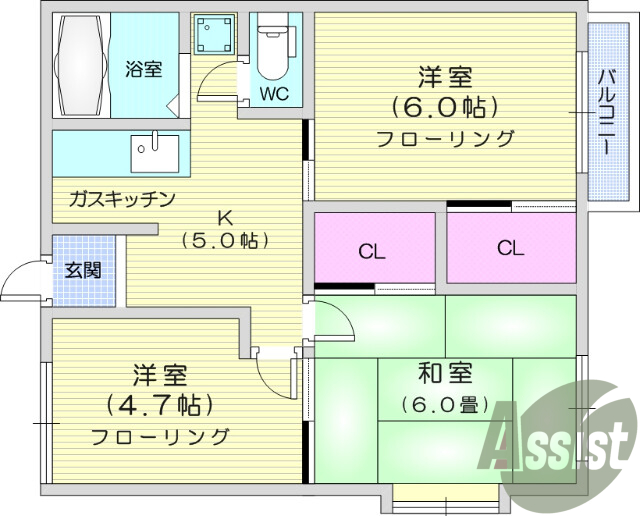 3K、都市ガス、BS、エアコン、シューズボックス