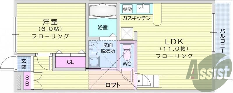 1LDK、ロフト付き、バストイレ別、カウンター、エアコン、照明