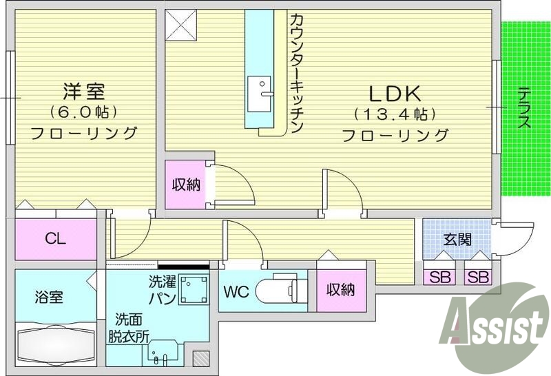 1LDK、エアコン、バストイレ別、システムキッチン、都市ガス