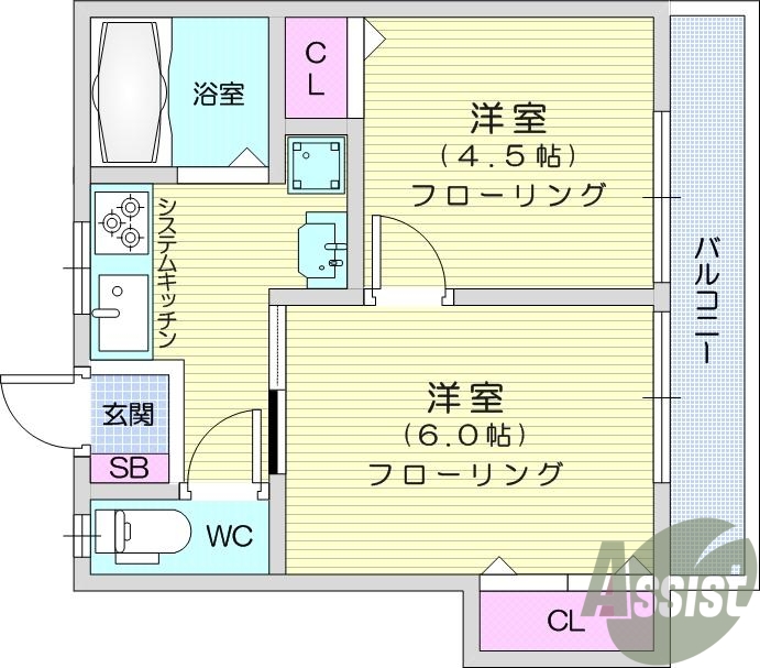 2K、システムキッチン、追い焚き、洗面化粧台、エアコン