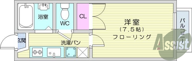 1Ｋ、エアコン、室内洗濯機置場、トイレ浴室別、クローゼット
