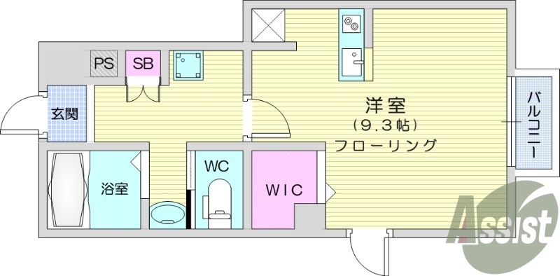 1R、エアコン、給湯、フローリング、バルコニー