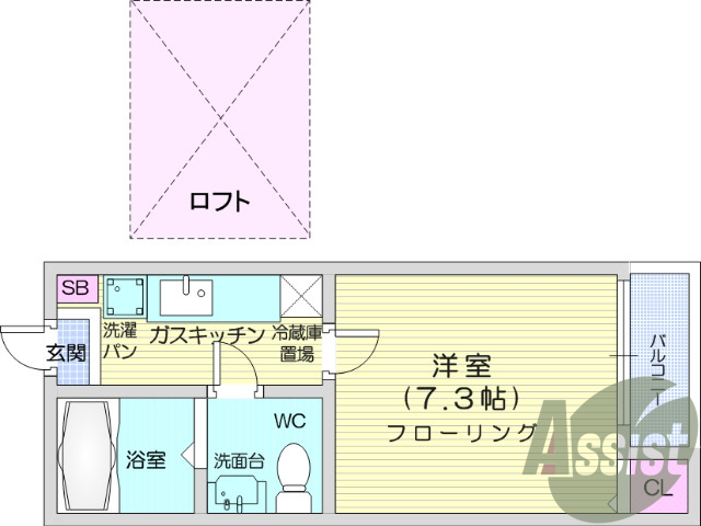 1Ｋ、ロフト付き、光ファイバー月額無料、独立洗面化粧台