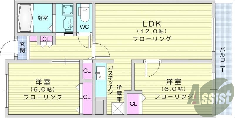 2LDK、角部屋、モニター付きインターホン、追い焚き機能