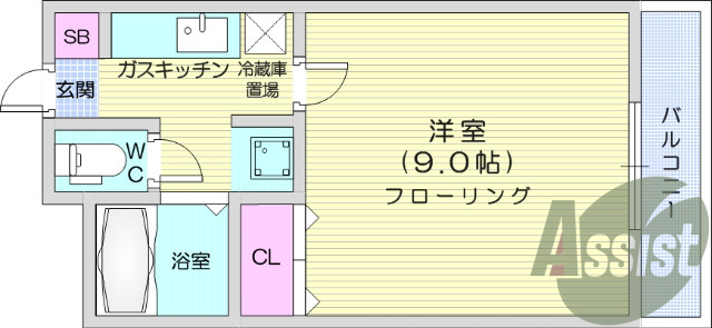 1K、エアコン、バストイレ別、プロパン、室内洗濯機置き場