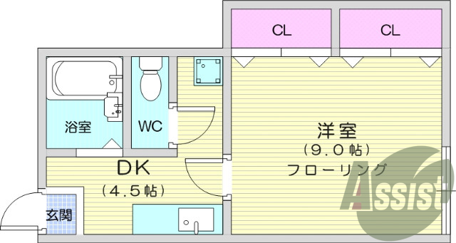 1DK、フローリング、エアコン、クローゼット