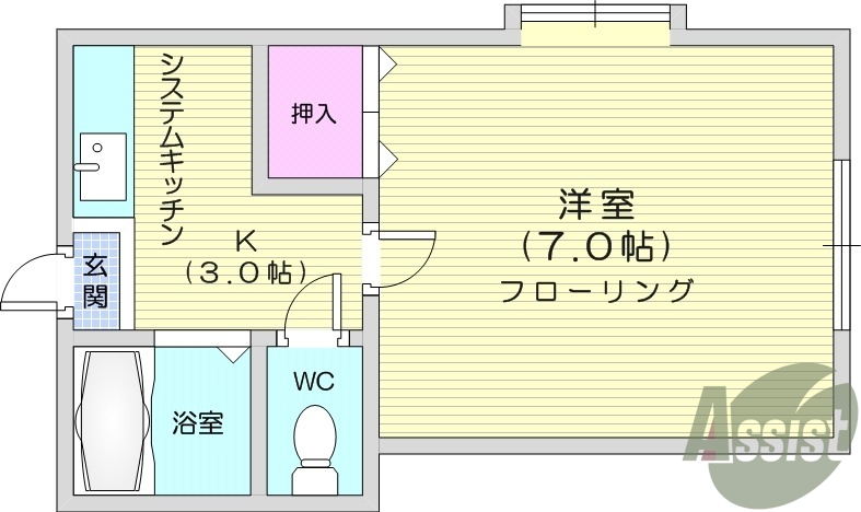 １K、プロパン、フローリング、出窓、シャワー、エアコン