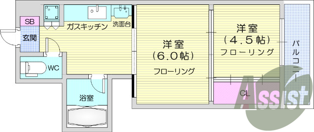 2DK、洗髪洗面化粧台、都市ガス、バストイレ別