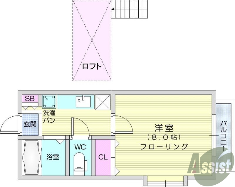 1K、エアコン、バストイレ別、ロフト、室内洗濯機置場