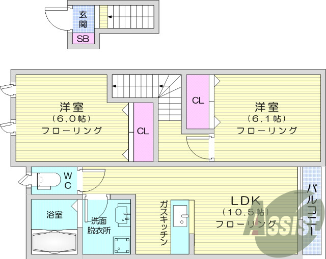 2LDK、都市ガス、バルコニー、モニターホン、エアコン