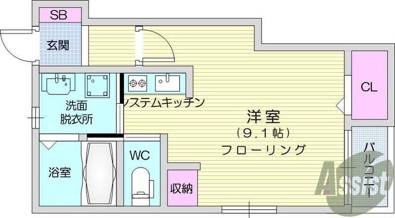 1Ｒ、洋室9.1帖、エアコン、ウォシュレット、宅配ボックス