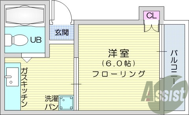 1Ｋ、都市ガス、バランス釜、シャワー、エアコン、洗濯機置場