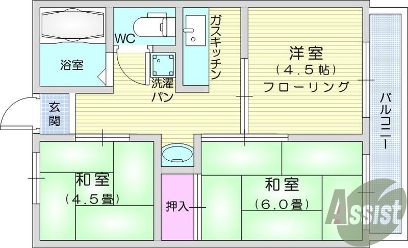 3K、独立洗面、バストイレ別、都市ガス、最上階