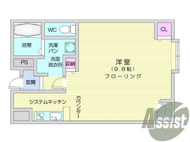 陽当たり良好の広々としたワンルーム。エアコン付き。