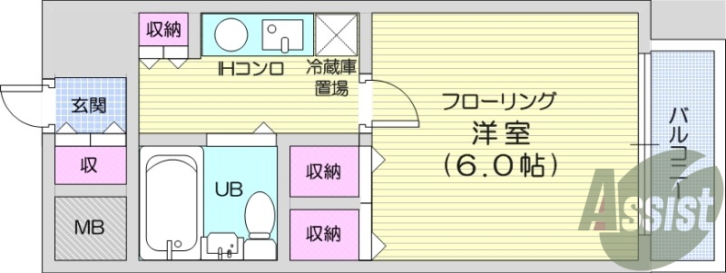 1K、フローリング、エアコン、バルコニー。