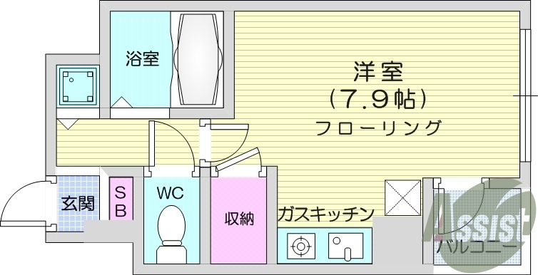 ワンルーム、エアコン、温水洗浄便座、バルコニー。