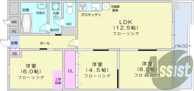 3LDK、都市ガス、エレベーター、エアコン