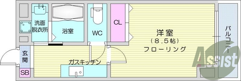 1K、バストイレ別、ウォシュレット付き、都市ガス