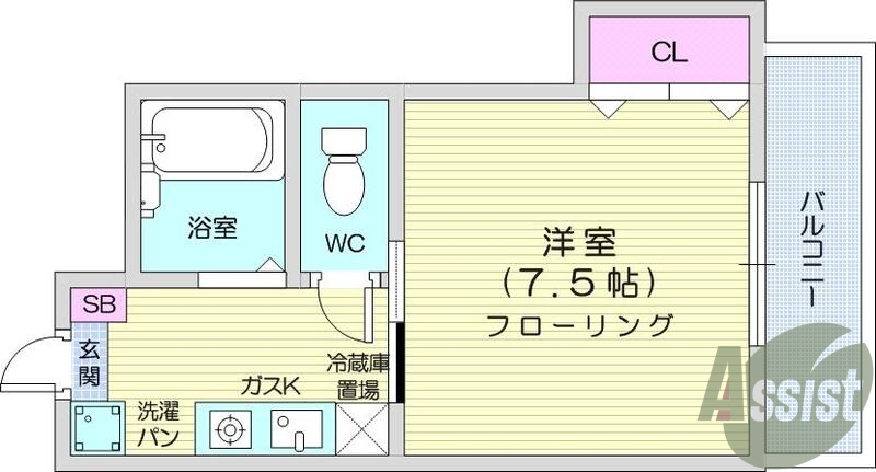 1K・バストイレ別、エアコン、フローリング、照明器具