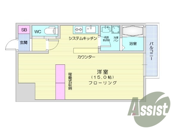 マンション10階の広々としたワンルーム。