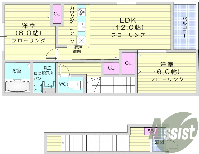 2LDK、エアコン、バストイレ別、インターホン