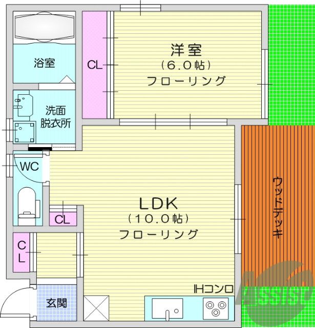 2LDK、エアコン、バストイレ別、ウッドデッキ