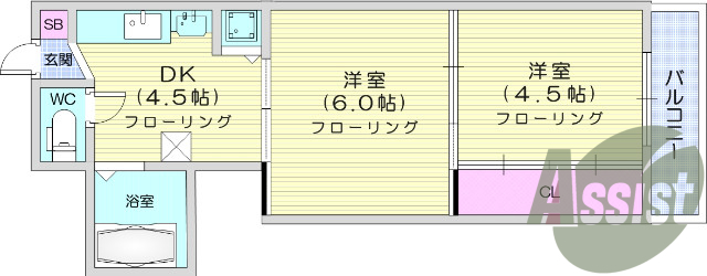 2ＤＫ、バストイレ別、エアコン付き、独立洗面台