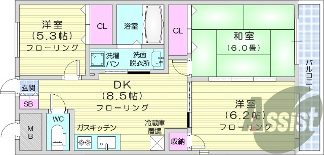 3DK、都市ガス、CATV、独立洗面台、エアコン
