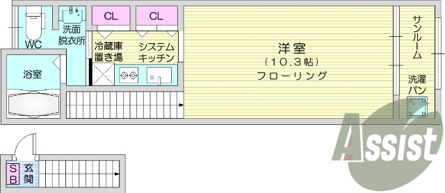 1K、角部屋、システムキッチン、洗髪洗面洗面台