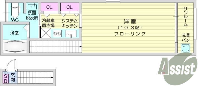 1K、システムキッチン、シャンプードレッサー