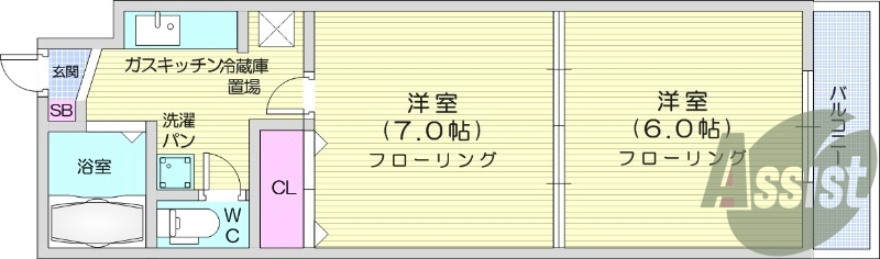 ２K、都市ガス、鉄筋コンクロート造、南向き
