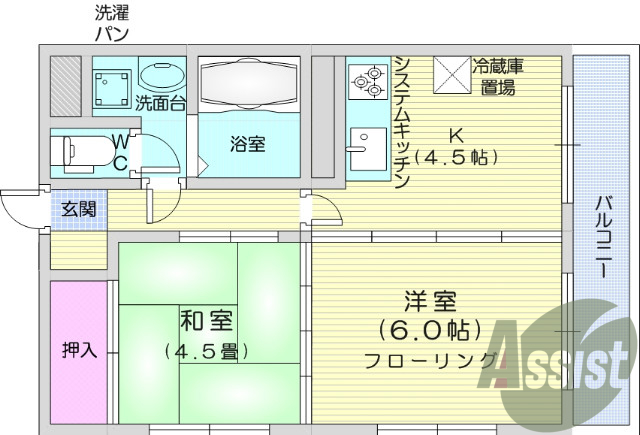 ２K、南向き、システムキッチン、シャンプードレッサー付き