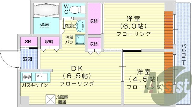 2DK、都市ガス、バストイレ別、ペット相談