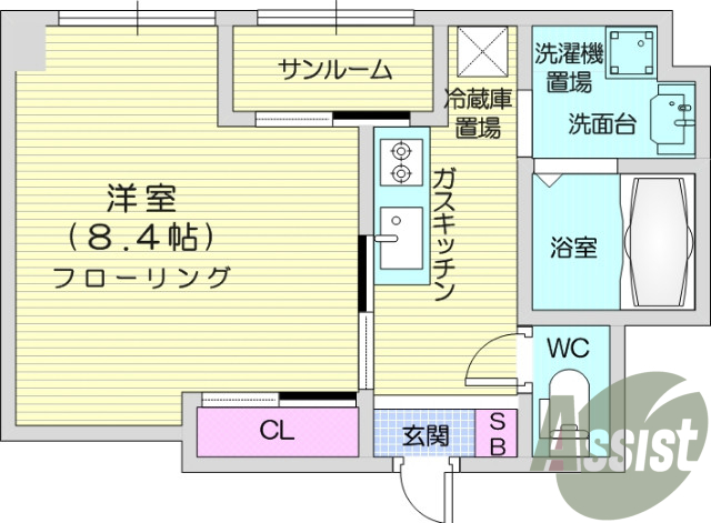 1K・都市ガス、角部屋、独立洗面台、エアコン、追焚
