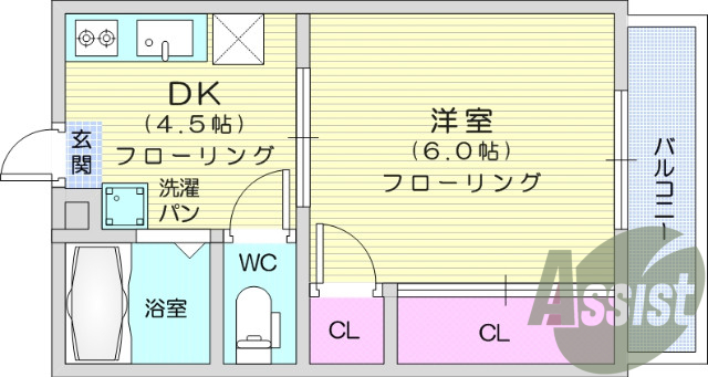 1DK、B/T別、洗面台、ガスコンロ可、収納スペース。