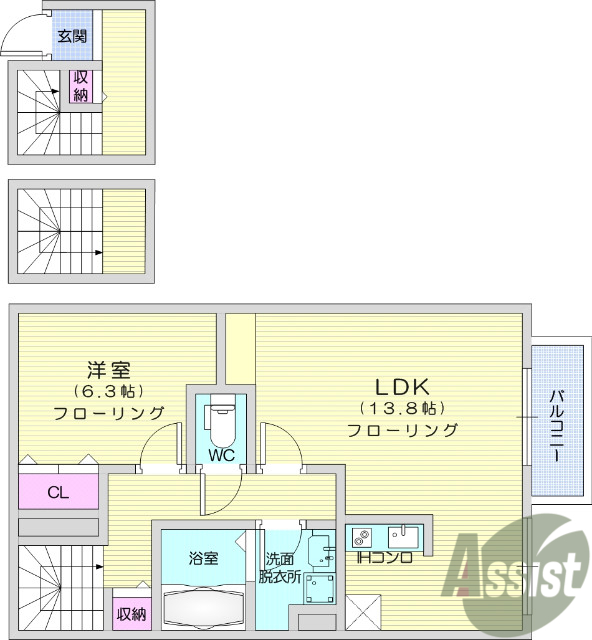 1LDK、陽当り良好、HIコンロ、独立洗面台