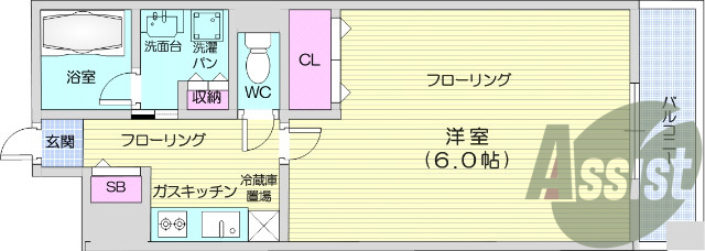 1K 西向き、バストイレ別、オートロック