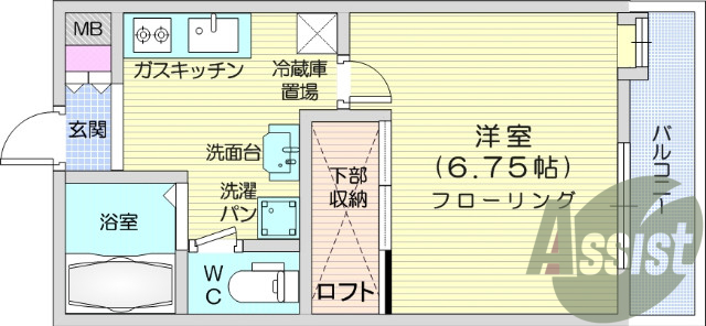 １K、南向き、バストイレ別、室内洗濯機置き場、エアコン