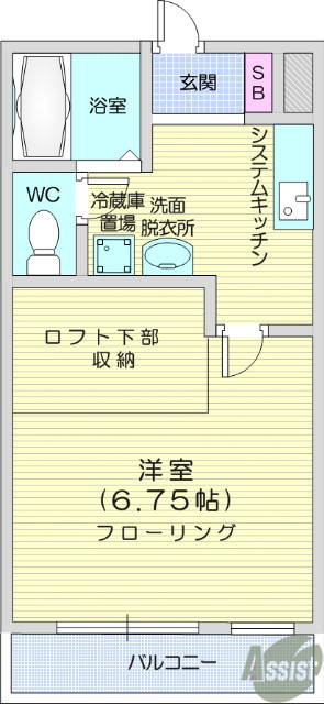１K、南向き、バストイレ別、室内洗濯機置き場、エアコン