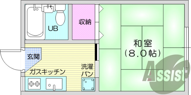 1K、ユニットバス、エアコン、室内洗濯機置き場