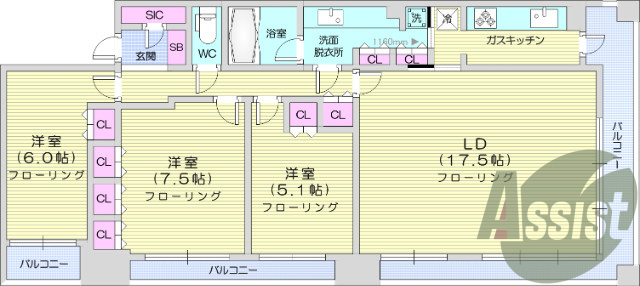 3LDK、システムキッチン、追い焚き、独立洗面台。エアコン