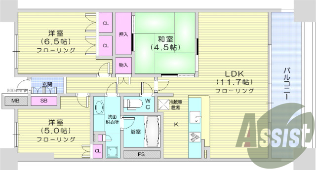 3LDK、システムキッチン、追い焚き、独立洗面台。エアコン
