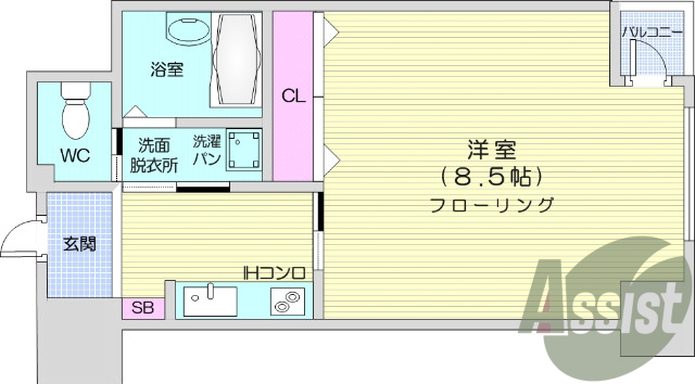 1K 西向き、バストイレ別、浴室乾燥機付き